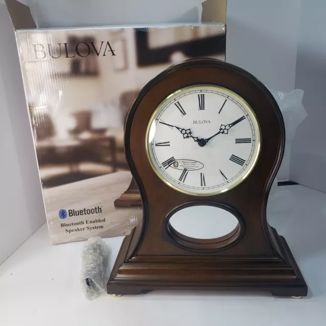 Bulova Mantel Clock Brookfield White Dial Brown Hardwood Case Bluetooth B6217