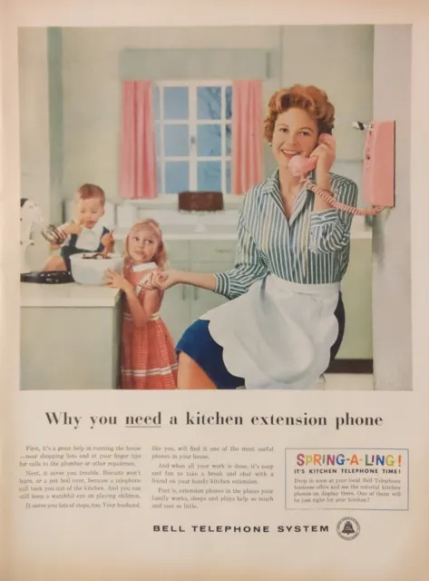 1959 vintage bell telephone system print ad.  kitchen extension phone