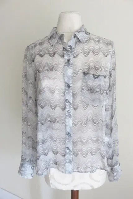 $245 ELIZABETH and JAMES Grey Wave Sheer Silk Button Front Blouse Shirt size S