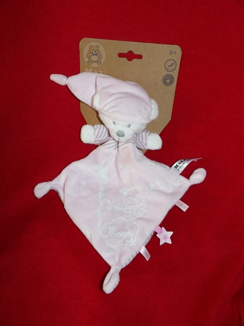 Doudou Plat Ours Blanc Rose Brodé Etoile Lune Moon Max Et Sax Sur Support