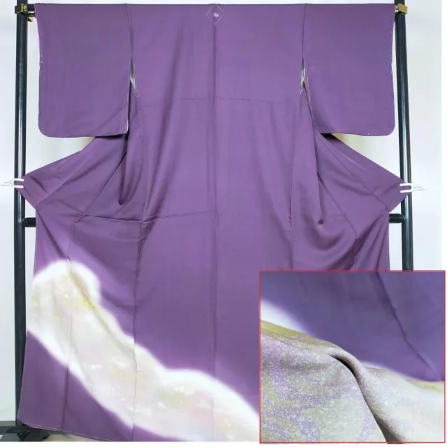 0435:Japanese Kimono  "TUKESAGE"  pure silk Gold paint plovers in the waves