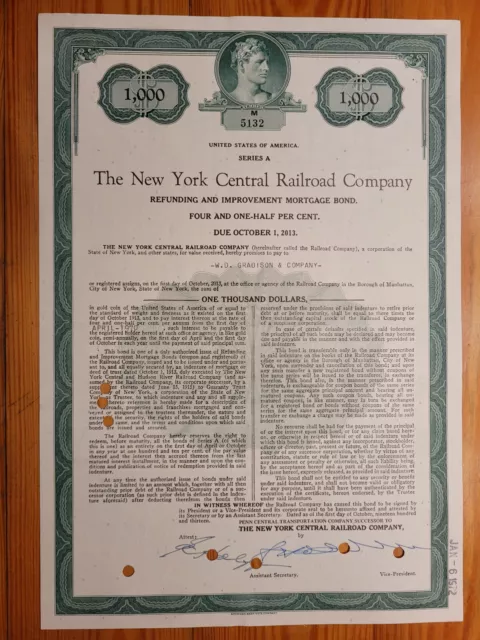 RR: New York Central RRCo, BOND 1000 $, 1913, Originalunterschriften