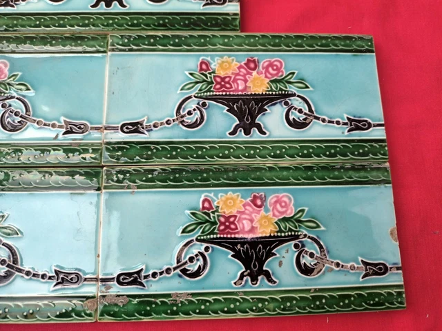 5 Piece Old Art Nice Flower Design Majolica Ceramic Tiles Japan 0067 3