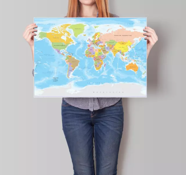 Laminated World Map  Print Poster Atlas Wall Chart A1 A2 A3 Free Postage