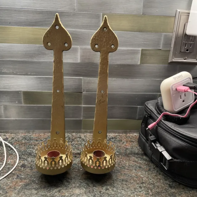 Beautiful Pair of spade shaped 11.5 metal candle stick holders wall mounted