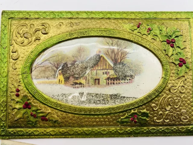 Victorian Christmas Postcard TR Co. Embossed Oval Framed Picture Insert Glitter