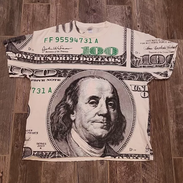 Vintage 100 Dollar Bill Benjamin Money All Over Print Shirt Size men's