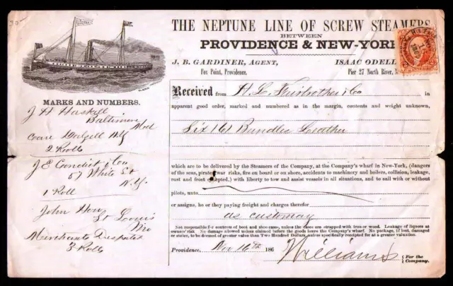Steamships 1865 Neptune Line of Screw Steamers - Providence RI  Letter Head Bill