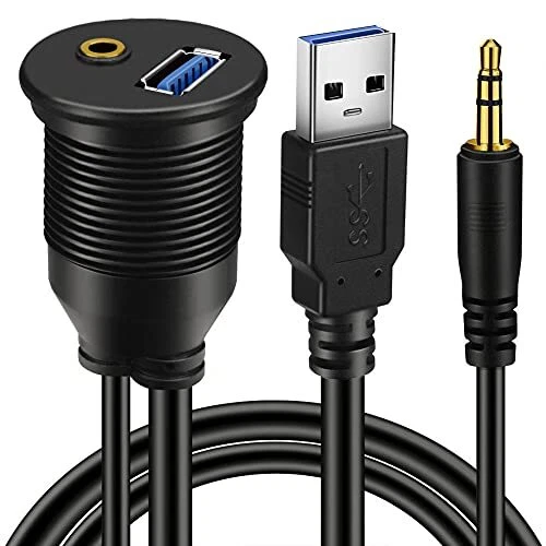 USB 3.0 & 3.5mm Car Mount Flush Cable 3.5mm + USB3.0 AUX Extension Dash  - 3ft