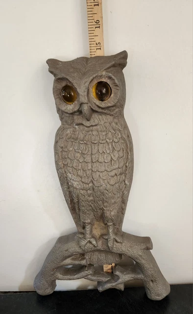 vtg Cast Aluminum Owl and iron wall decor NICE orange eyes #6  14.5 in Tall