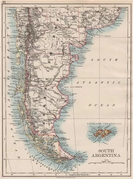 PATAGONIA. Southern Argentina & Chile. Falkland Islands. JOHNSTON 1897 old map