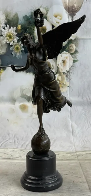 Signed Moreau Large Charming Angel Standing on Rock Bronze Marble Sculpture Deco
