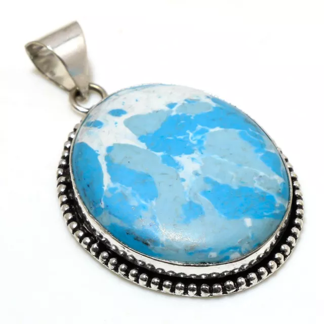 Caribbean Larimar Gemstone Handmade Pendant 2.29"925 Sterling Silver Jewelry