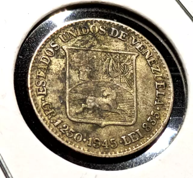 1945 Venezuela 1/4 Bolivar (.835) Silver Coin Y#20 Twenty Five 25 Centimos