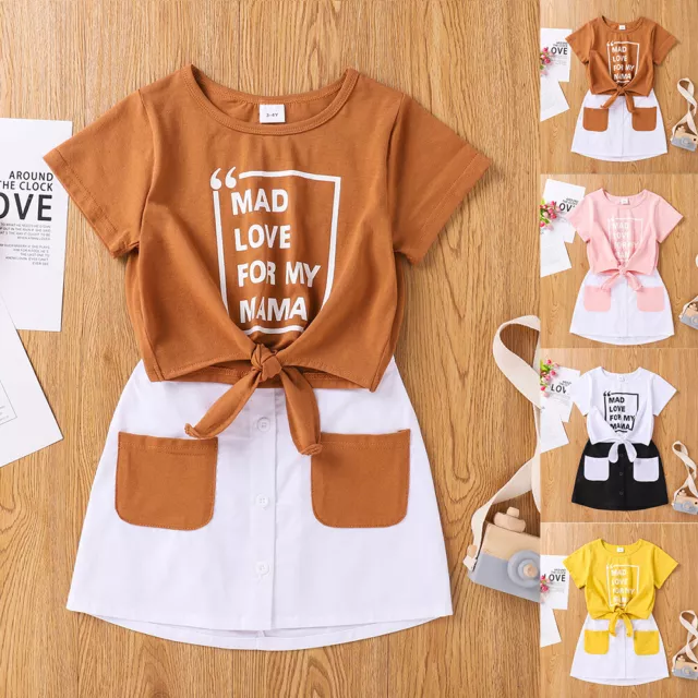 Kids Baby Girls Summer Letter Print T Shirt Tops A-line Short Skirt Outfits Set