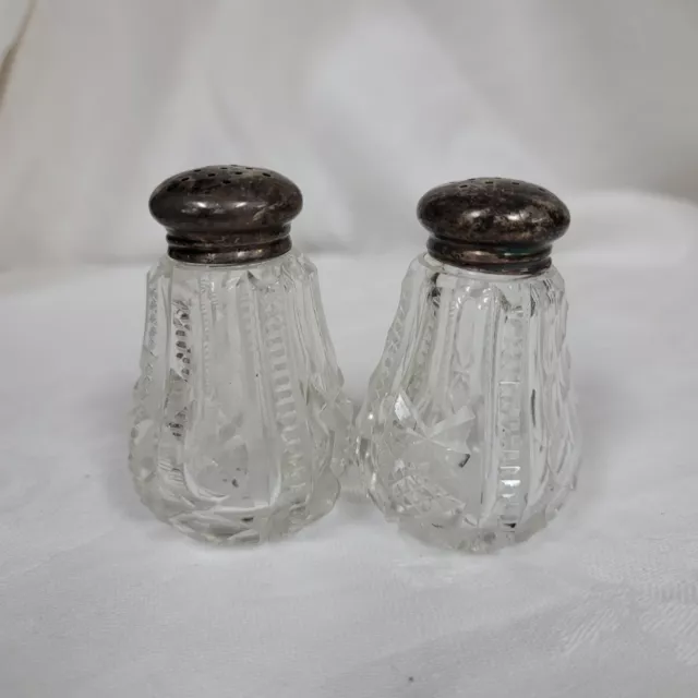 Antique American Sterling Silver Cut Glass Salt and Pepper Shakers Set/Pair