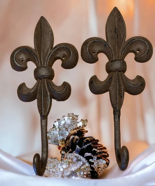 Fleur De Lis 2 Wall Hooks Cast Iron Towel Coat Hanger Rustic Victorian Decor