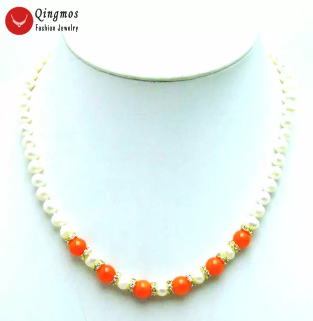 6-7mm Natural White Pearl Necklace for Women Orange Jade Pendant Chokers 17"