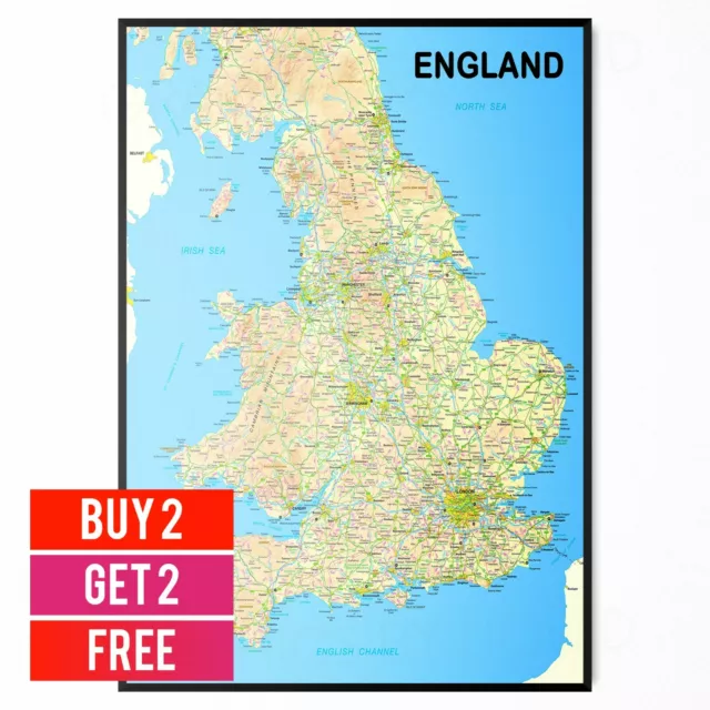 Map Of England Wall Poster Art Print | A5 A4 A3 A2 A1 |
