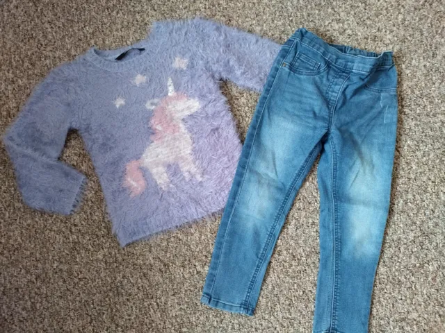 Girls Outfits Bundle Next Top,Jeans&Jeggings And George Unicorn Jumper 3-4 Years 2