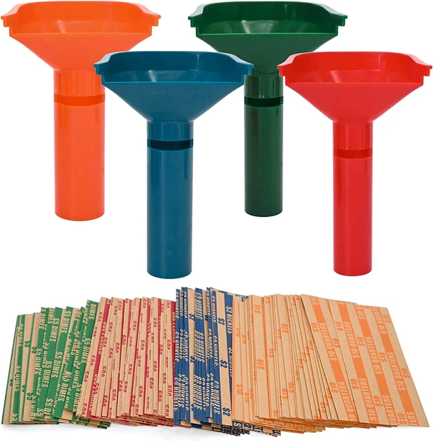 150 Assorted Flat Striped Coin Wrappers & 4 Coin Sorters Tubes, Color-Coded