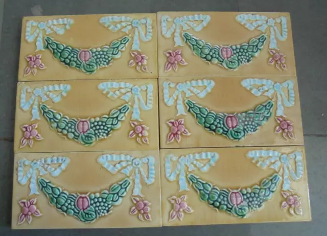 6 Pc Vintage Flower Garland Embossed Colorful Ceramic Tiles,Japan