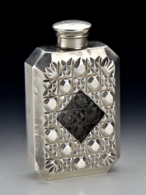 Unique Sterling Silver Overlay Cut Glass Flask with Window