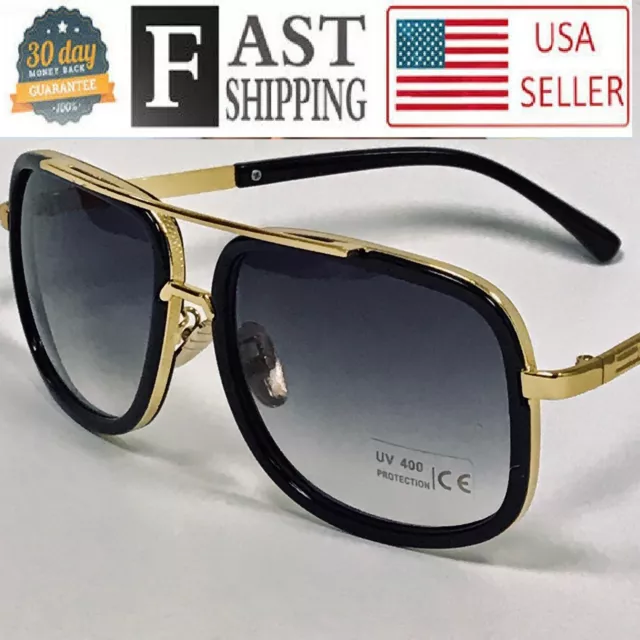 Men Fashion Sunglasses Oversized Square Gold Flat Top Frame Hip Hop Fancy  Black