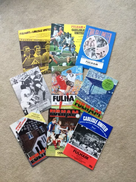9 x Vintage Fulham v Carlisle Utd Football Programmes Bundle 1970s & 1980s