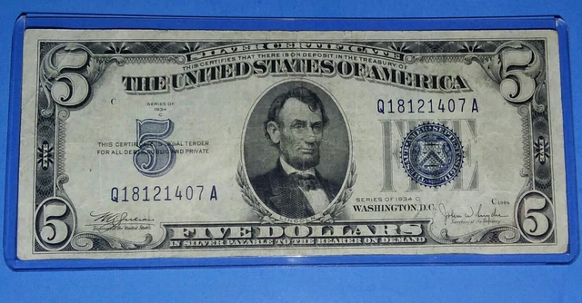 *1934-C ! $5 Silver Certificate! VF. CIRC.! OLD US CURRENCY!