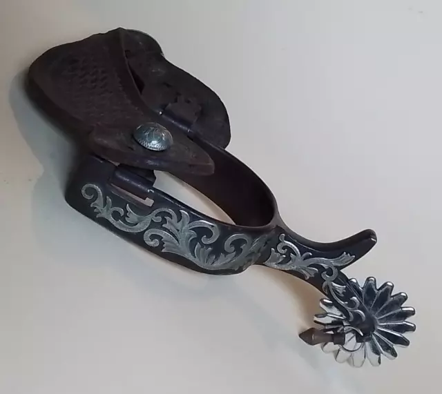 Single COWBOY SPUR 18pt. Rowel, Jingle Bob, Silver Inlay & Button with Leather.