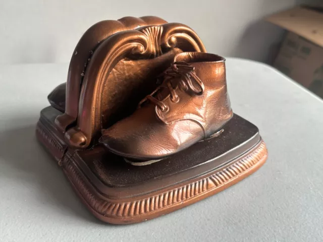 Vintage Bronze Copper Dipped Baby Shoe Bookends - Nursery Decor - Repair Needed!