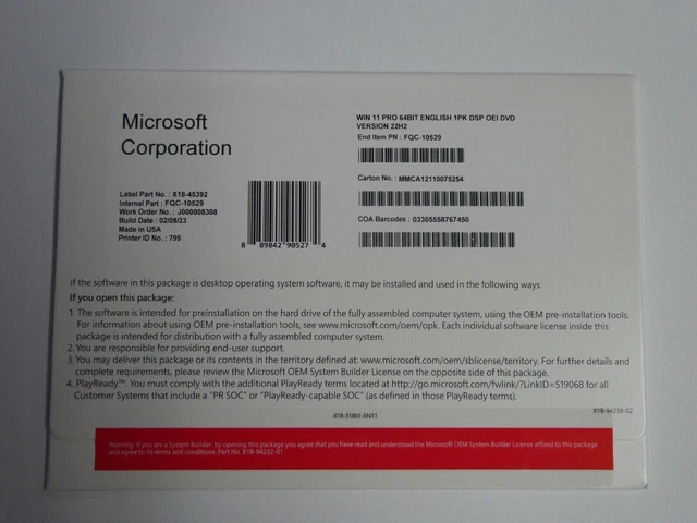 MICROSOFT WINDOWS 11 Pro 64 Bit DVD FQC-10529 - [Royal Mail 24] £26.99 ...