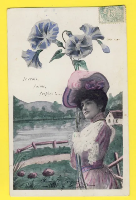 Antique ROMANTIC FRENCH POSTCARD Woman in Hat IPOMEA FLOWERS