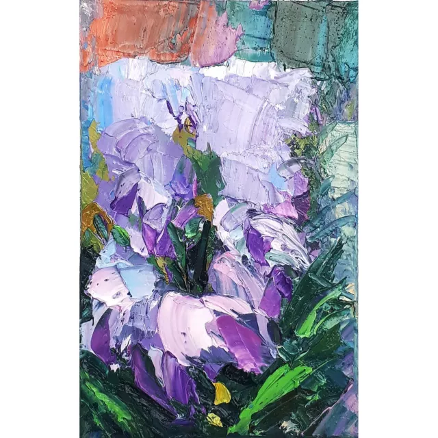 Iris Flowers Original Oil Painting Textured Impasto Treat Yourself Wall Art Hand