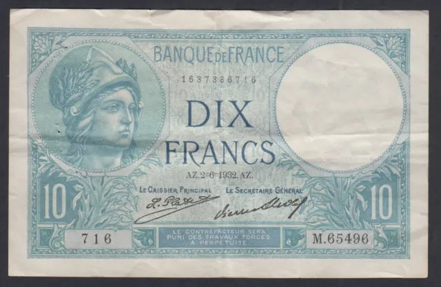FRANCE 10 FRANCS MINERVE 2-6-1932 N° M.65496 716, lartdesgents.fr (AUS) p3180/20