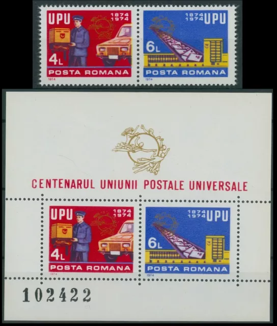 Rumänien 1974 Mi.3200-3201 + Block 112 ** Weltpostverein UPU,Postbote,Auto