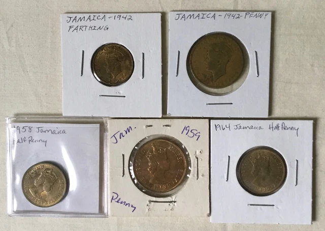 Jamaica coins lot 5, farthing half penny & penny 1942-1964, George VI Elizabeth
