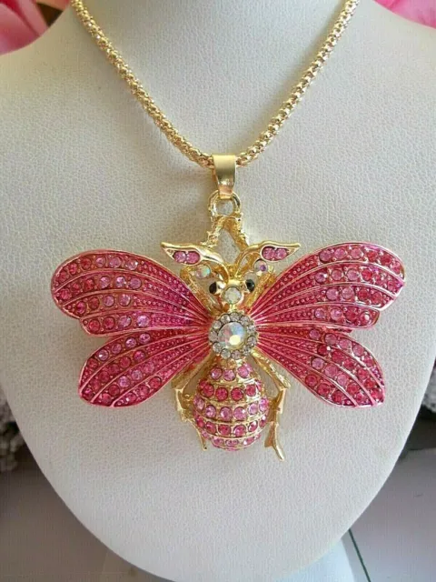 Betsey Johnson Beautiful Shade Of Pink Crystal Bee Pendant Chain Necklace