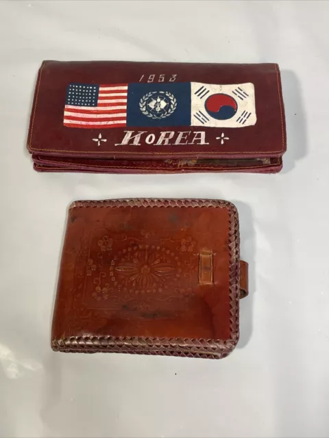 1953 Korean War Theatre Painted Wallet Lot Veteran Trophy Send Back Leather x2