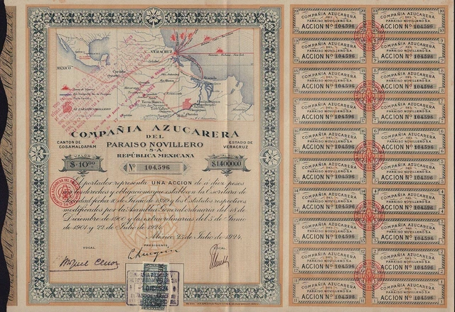 MEXICO  SUGAR Compania Azucarera del Paraiso Novillero SA dd 1924 with coupons