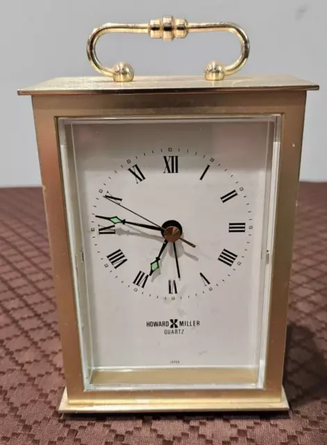 vtg Howard miller brass desk clock carriage style Gold Tone quartz   # 4RE736