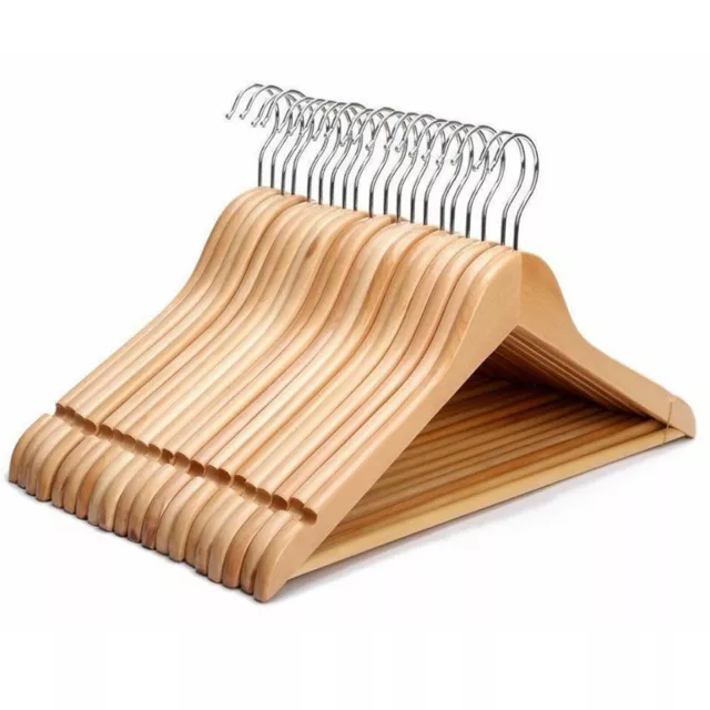 Natural Wooden Coat Hangers Suit Garments Clothes Wood Hanger Trouser Bar Set