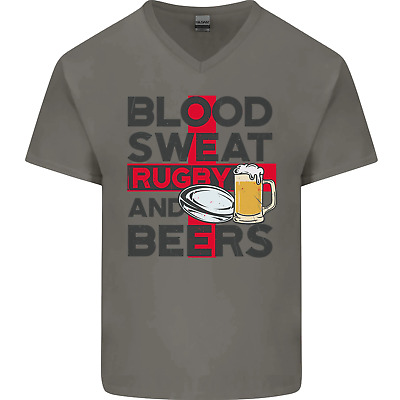 Blood Sweat Rugby and Beers England Funny Mens V-Neck Cotton T-Shirt
