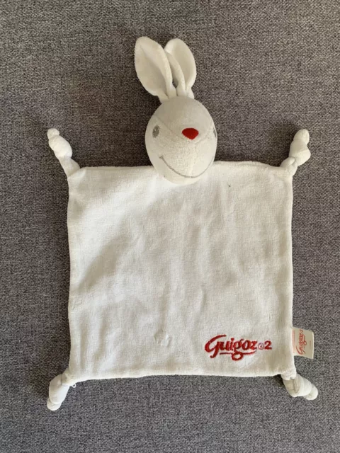 DOUDOU PLAT GUIGOZ 2 LAPIN Blanc Rouge 4 Noeuds TBE