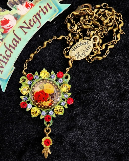 Michal Negrin Pendant Necklace Victorian Roses Cameo Yellow Red Handmade Floral