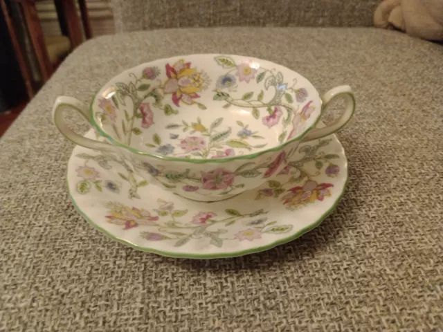 Minton HADDON HALL Bone China Twin Handled Soup Bowl and Plate/Saucer - England