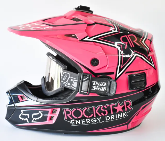 FOX Racing Motocross Helmet (Pink) SNELL Rockstar Energy Drink Size XL w Goggles