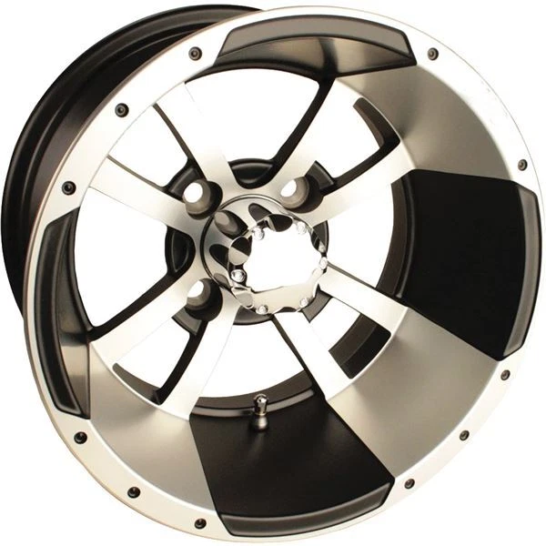 Machined w/Black 10x7, 4/4, 3+4 Ocelot E107 Golf Cart Wheel - E-107 10X7  MACH