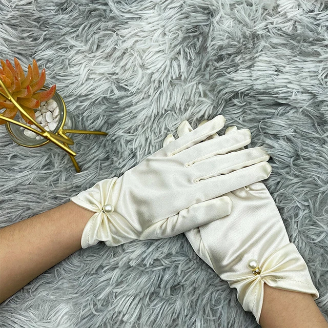 9" Wrist Length Stretch Satin Faux Pearl Gloves for Wedding Bridal Prom Formal □